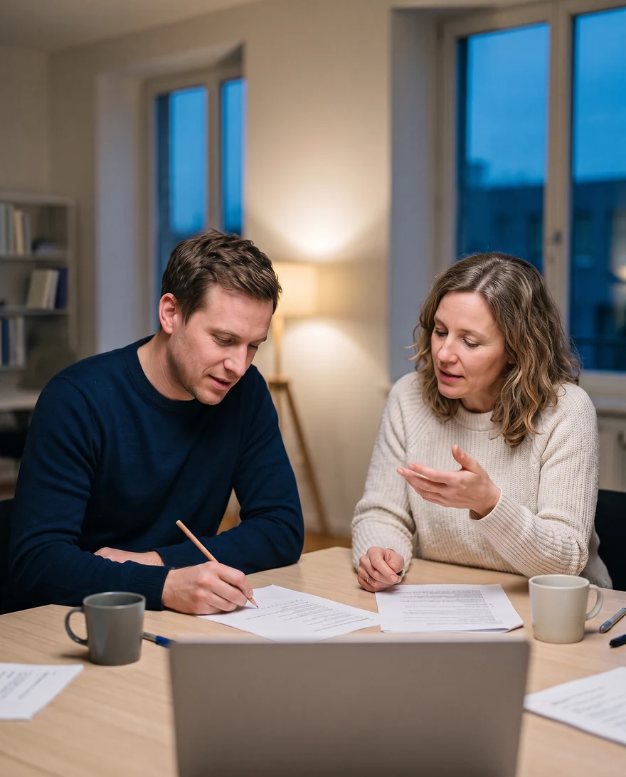 A rep and a sales manager going through printed script pages at a table
