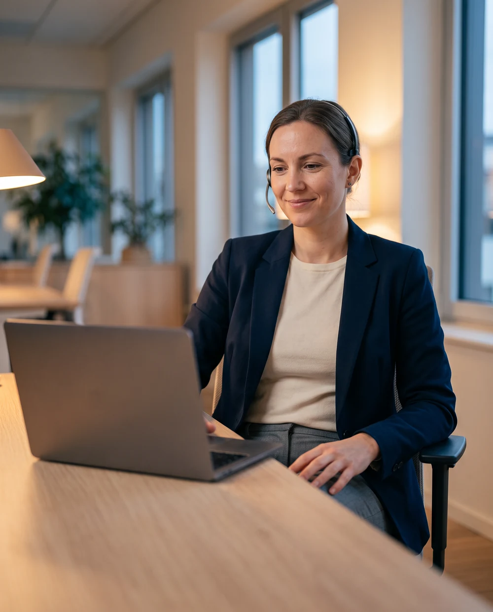 A sales rep wearing a headset, smiling at her laptop during a call