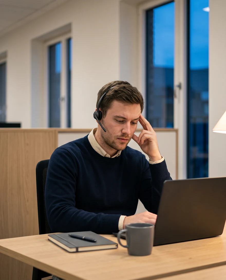 A sales rep with a headset at his laptop, eyes down, fingers pressed to his temple