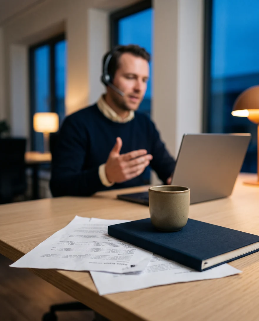 Printed call script pages under a notebook on a desk, with a rep on a call out of focus behind them