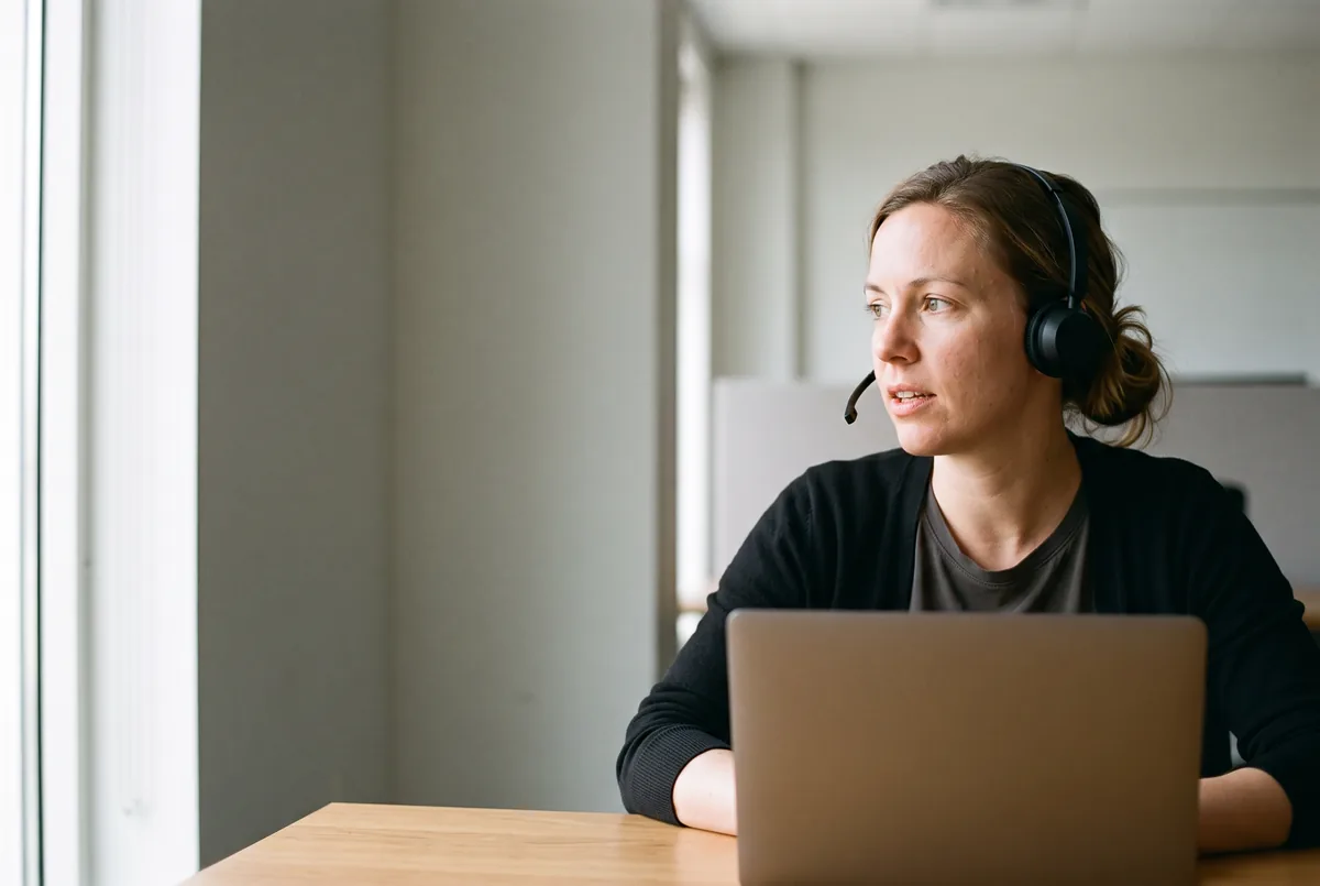 A sales rep with a headset at her desk by the window, mid-sentence on a call
