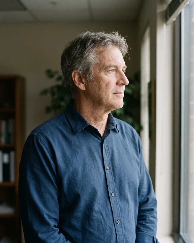 An experienced salesman standing at his office window, looking out