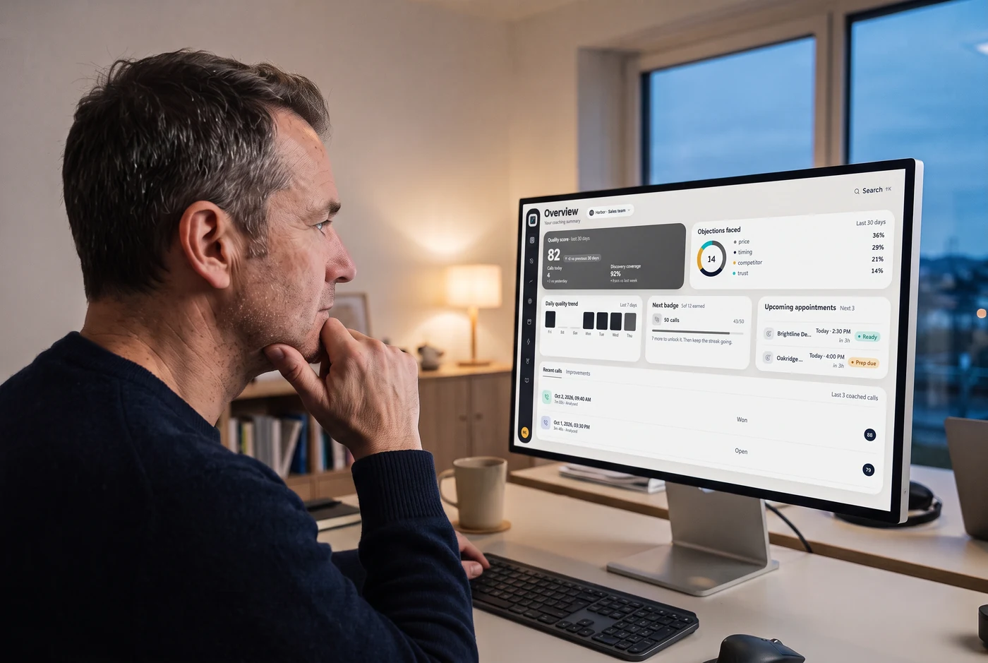 A sales manager studying a monitor that shows the DealPrompt overview with the objections his team faced