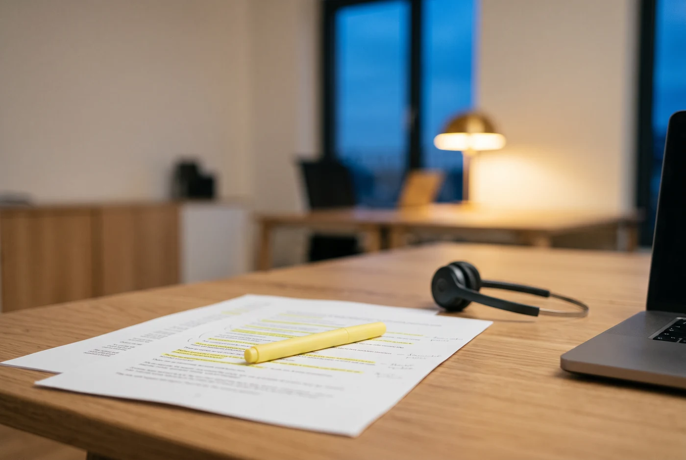 A printed call script with highlighted lines and a highlighter on a desk, next to a headset